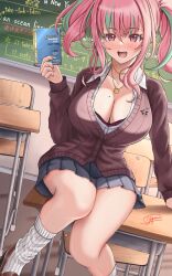 Rule 34 | 1girl, :d, azur lane, black skirt, blush, book, bra, bra peek, breasts, bremerton (azur lane), brown cardigan, cardigan, chair, chalkboard, classroom, cleavage, collarbone, collared shirt, commentary request, desk, grey hair, grey nails, hair between eyes, highres, holding, holding book, indoors, jewelry, kneehighs, large breasts, long hair, long sleeves, looking at viewer, loose socks, miniskirt, mole, mole on breast, multicolored hair, nail polish, necklace, official alternate costume, open mouth, pink eyes, pink hair, pleated skirt, school chair, school desk, school uniform, shadow, shirt, sidelocks, signature, sitting, skirt, smile, socks, solo, streaked hair, teeth, twintails, two-tone hair, underwear, upper teeth only, white shirt, white socks, yagamin258