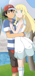Rule 34 | 1boy, 1girl, ash ketchum, baseball cap, beach, black hair, black pants, blonde hair, braid, brown eyes, capri pants, coconut tree, collared dress, creatures (company), day, dress, feet out of frame, game freak, grass, green eyes, hands on another&#039;s back, hands on another&#039;s chest, hat, hug, kuriyama, lillie (pokemon), long hair, looking at viewer, nintendo, outdoors, palm tree, pants, pokemon, pokemon (anime), pokemon sm (anime), red headwear, short hair, short sleeves, sleeveless, sleeveless dress, smile, spiked hair, sun hat, sundress, tree, twin braids, two-tone shirt, white dress, white headwear