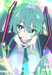 Rule 34 | 1girl, black sleeves, blush, bright pupils, closed mouth, commentary request, detached sleeves, green eyes, green hair, green necktie, hatsune miku, headset, ixy, long hair, looking at viewer, necktie, smile, solo, twintails, vocaloid, white pupils