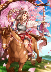 Rule 34 | 10s, 1girl, absurdres, archery, bow (weapon), brown eyes, cherry blossoms, hachimaki, headband, high ponytail, highres, horseback riding, japanese clothes, kantai collection, level x yuusha, light brown hair, long hair, muneate, ponytail, riding, weapon, zuihou (kancolle)