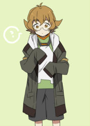 Rule 34 | 1girl, ?, borrowed clothes, brown eyes, brown hair, catgirl0926, cowboy shot, glasses, green background, hood, hood down, hyakujuu-ou golion, looking down, oversized clothes, pidge gunderson, pouty lips, reverse trap, short hair, shorts, simple background, sleeves past wrists, solo, spoken question mark, voltron: legendary defender, voltron (series)