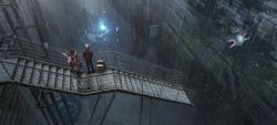 Rule 34 | 1boy, absurdres, asteroid ill, bag, building, from above, highres, rain, scenery, stairs, standing