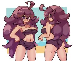 Rule 34 | 1girl, @ @, ahoge, alternate breast size, alternate costume, ass, bandeau, border, breasts, cleavage, closed mouth, commentary, cowboy shot, creatures (company), curly hair, game freak, hair between eyes, hairband, hex maniac (pokemon), kurt robinson, large breasts, long hair, looking down, midriff, multiple views, navel, nintendo, pokemon, pokemon xy, purple eyes, purple hair, shorts, shorts tug, smile, white border