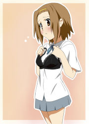 Rule 34 | 1girl, black bra, blush, bra, breast conscious, brown eyes, brown hair, clothes in front, covering privates, face, hairband, ikari manatsu, k-on!, lace, lace-trimmed bra, lace trim, lingerie, school uniform, short hair, solo, tainaka ritsu, underwear