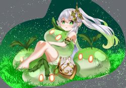 Rule 34 | 1girl, absurdres, ass, barefoot, commentary, cross-shaped pupils, detached sleeves, hugging doll, from side, genshin impact, gradient hair, green eyes, grey hair, hair between eyes, hair ornament, highres, jineko nyaan, knees up, long hair, looking at viewer, looking to the side, multicolored hair, nahida (genshin impact), hugging object, parted lips, pointy ears, short sleeves, side ponytail, sidelocks, simple background, sitting, slime (genshin impact), symbol-shaped pupils, two-tone hair