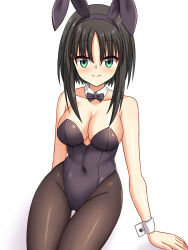 Rule 34 | 1girl, alternate costume, animal ears, armpit crease, arms at sides, bare shoulders, black bow, black bowtie, black hair, black leotard, black pantyhose, blush, bow, bowtie, breasts, cameltoe, cleavage, closed mouth, collarbone, commentary request, commission, covered navel, cowboy shot, curvy, detached collar, eyes visible through hair, fake animal ears, green eyes, hair between eyes, happy, highleg, highleg leotard, highres, hitachi mako, large breasts, leotard, looking at viewer, pantyhose, parted bangs, pixiv commission, playboy bunny, rabbit ears, senren banka, shiny skin, short hair with long locks, simple background, sitting, smile, solo, split mouth, straight hair, strapless, strapless leotard, tamba i, thigh gap, thighs, tsurime, white background, white wrist cuffs, wrist cuffs