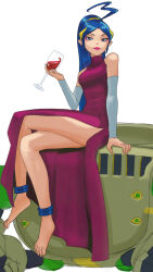 Rule 34 | 1girl, absurdres, barefoot, blue eyes, blue hair, breasts, breath of fire, breath of fire iv, closed mouth, cup, deis, detached sleeves, dress, drinking glass, ershin, eyeshadow, feet, full body, gurata, highres, lipstick, long hair, looking at viewer, makeup, medium breasts, ponytail, simple background, sitting, smoking pipe, solo, very long hair, white background, wine glass