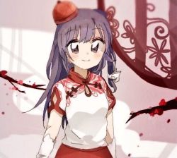 Rule 34 | 1girl, blush, breasts, chinese clothes, closed mouth, dorothy-2b, elbow gloves, gloves, grey eyes, label girl (dipp), long hair, looking at viewer, lowres, mandarin collar, purple hair, red headwear, red skirt, shirt, short sleeves, side ponytail, skirt, small breasts, smile, touhou, white shirt