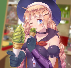 Rule 34 | 1girl, ;p, black choker, black gloves, blue eyes, blush, braid, cape, choker, dress, eating, food, giving, gloves, hair ornament, hairclip, hat, ice cream, long hair, looking at viewer, magical girl, mahou shoujo ikusei keikaku, one eye closed, orange hair, prettyblue88, sleeveless, sleeveless dress, soft serve, solo, tongue, tongue out, top speed, twin braids, twintails, very long hair, witch, witch hat, x hair ornament
