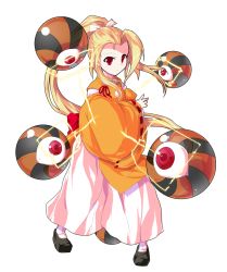 Rule 34 | 1girl, alphes (style), black footwear, blonde hair, closed mouth, dairi, detached sleeves, eyebrows, facing away, full body, hair ribbon, high ponytail, japanese clothes, legs apart, long hair, long sleeves, pants, parody, pom pom (clothes), red eyes, red ribbon, ribbon, ribbon-trimmed clothes, ribbon-trimmed sleeves, ribbon trim, shoes, sidelocks, single hair intake, smile, solo, standing, style parody, tabard, touhou, touhou (pc-98), transparent background, very long hair, white legwear, white pants, white ribbon, wide sleeves, yuugenmagan