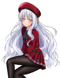 Rule 34 | 1girl, absurdres, beret, black pantyhose, breasts, brooch, caren hortensia, caren hortensia (amor caren), caren hortensia (amor caren) (second ascension), dress, fate/grand order, fate (series), hat, highres, jewelry, long hair, long sleeves, mole, mole under eye, pantyhose, qingchen (694757286), red dress, red hat, short dress, small breasts, solo, wavy hair, white hair, yellow eyes