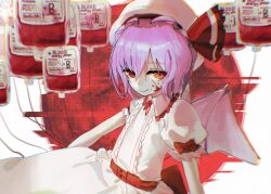 Rule 34 | 1girl, back bow, bat wings, blood, blood bag, blood on face, bow, center frills, chromatic aberration, closed mouth, collared shirt, cowboy shot, english text, frilled shirt collar, frilled sleeves, frills, hat, hat ribbon, highres, large bow, linqiankira, looking at viewer, medium hair, mob cap, neck ribbon, pink hair, puffy short sleeves, puffy sleeves, red background, red bow, red eyes, red ribbon, remilia scarlet, ribbon, shirt, short sleeves, skirt, sleeve bow, solo, touhou, white hat, white shirt, white skirt, wings