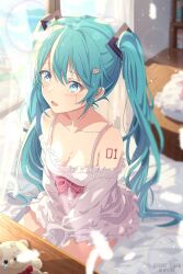 Rule 34 | 1girl, absurdres, arm tattoo, artist name, asami-chan, bear hair ornament, blue eyes, blue hair, blurry, blurry background, bow, breasts, cleavage, collarbone, crying, dress, feathers, hair between eyes, hair ornament, hatsune miku, highres, indoors, long hair, medium breasts, number tattoo, open mouth, red bow, short dress, solo, stuffed animal, stuffed toy, tattoo, tears, teddy bear, twintails, very long hair, vocaloid, watermark, white dress, white feathers
