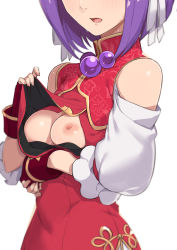 Rule 34 | 1girl, arm under breasts, asamiya athena, breast focus, breast hold, breasts, china dress, chinese clothes, cleavage, dress, female focus, head out of frame, highres, medium breasts, morisobo, nipples, no bra, one breast out, open mouth, purple hair, short hair, simple background, solo, the king of fighters, the king of fighters xv, white background