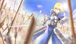 Rule 34 | 1girl, ahoge, armor, armored dress, arrow (projectile), artoria pendragon (fate), bad id, bad pixiv id, blonde hair, blue sky, breastplate, day, dutch angle, excalibur (fate/stay night), fate/stay night, fate (series), faulds, field of blades, gauntlets, green eyes, halberd, highres, lens flare, nullnat, planted arrow, planted sword, planted, polearm, puffy sleeves, saber (fate), short hair, sky, solo, spear, sword, weapon