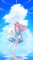 Rule 34 | 1girl, angel wings, barefoot, blue archive, blush, breasts, cloud, cloudy sky, day, doka l, dress, feathered wings, full body, hair bun, halo, highres, long hair, looking at viewer, medium breasts, mika (blue archive), open mouth, outdoors, pink hair, pink halo, sideboob, single side bun, sky, solo, water, white dress, white wings, wings, yellow eyes