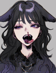 Rule 34 | 1girl, animal ears, black hair, blood, cat ears, cat girl, colored tips, commentary request, ears down, fangs, grey background, highres, jiz (pffbq), long hair, looking to the side, multicolored hair, nosebleed, open mouth, original, portrait, purple eyes, purple hair, simple background, solo, tongue, tongue out, uneven eyes