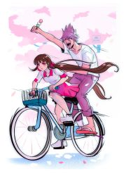 Rule 34 | 1boy, 1girl, alternate costume, arm up, artist name, basket, bicycle, blush, brown hair, clenched hand, collarbone, commentary, danganronpa (series), danganronpa v3: killing harmony, english commentary, full body, harukawa maki, highres, long hair, medium hair, missarilicious, mole, mole under eye, momota kaito, multiple riders, open mouth, pants, pink pants, pink scrunchie, pink skirt, riding, riding bicycle, scrunchie, shirt, shoes, short sleeves, skirt, very long hair, white footwear, white shirt