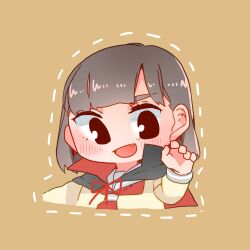 Rule 34 | 1girl, black cape, blush, brown background, brown hair, cape, chibi, claw pose, commentary request, cropped torso, fang, grey sailor collar, highres, inami anju, kashikaze, long sleeves, looking at viewer, love live!, love live! sunshine!!, medium hair, neckerchief, open mouth, real life, red neckerchief, sailor collar, school uniform, serafuku, shirt, simple background, smile, solo, takami chika, upper body, uranohoshi school uniform, voice actor, voice actor connection, white shirt