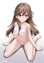 Rule 34 | 1girl, arashio (kancolle), bra, breasts, brown eyes, brown hair, collarbone, commentary request, full body, highres, kantai collection, long hair, looking at viewer, navel, panties, simple background, sitting, small breasts, smile, solo, t2r, training bra, underwear, underwear only, wariza, white background, white bra, white panties