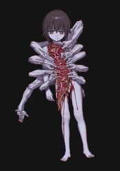 Rule 34 | 1girl, bags under eyes, bleeding, blood, brown hair, closed mouth, commentary request, completely nude, deep wound, dutch angle, exposed bone, expressionless, extra arms, flesh, full body, grey eyes, guro, half-closed eyes, highres, injury, looking at viewer, monster, nosebleed, nude, organs, original, ryuuforkaf, short hair, skinning, solo, straight-on