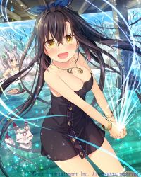 Rule 34 | 2girls, ahoge, animal ears, bare shoulders, bathing, black hair, blue bow, blush, bow, bracelet, breasts, cleavage, collarbone, diamond-shaped pupils, diamond (shape), falkyrie no monshou, fox, fox ears, green bow, green eyes, hair bow, jewelry, long hair, looking at viewer, medium breasts, multiple girls, naked towel, natsumekinoko, necklace, official art, onsen, open mouth, ponytail, silver hair, smile, symbol-shaped pupils, towel, tray, yellow eyes