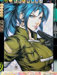 Rule 34 | art tools in frame, black gloves, blue eyes, blue hair, earrings, gloves, green jacket, hairband, high ponytail, highres, jacket, jewelry, leona heidern, lips, looking at viewer, military, military uniform, pocket, ponytail, snk, solo, stanley lau, the king of fighters, traditional media, triangle earrings, uniform