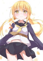 Rule 34 | 1girl, armband, belt, black jacket, black sailor collar, blonde hair, blush, commentary request, cowboy shot, highres, jacket, kantai collection, long hair, low twintails, natsuki (gedo), navel, neckerchief, sailor collar, satsuki (kancolle), satsuki kai ni (kancolle), school uniform, serafuku, simple background, smile, solo, standing, twintails, white background, yellow eyes, yellow neckerchief