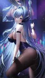Rule 34 | 1girl, absurdres, animal ears, arm strap, ass, azur lane, bare shoulders, black leotard, black pantyhose, blue eyes, blue hair, bodystocking, breasts, commentary, fake animal ears, feet out of frame, from side, glowstick, hair intakes, highres, huge filesize, large breasts, leotard, long hair, looking at viewer, looking to the side, meoyo, new jersey (azur lane), new jersey (exhilarating steps!) (azur lane), official alternate costume, pantyhose, parted lips, playboy bunny, pole, rabbit ears, screen, sideboob, smile, solo, standing, strapless, strapless leotard, stripper pole, very long hair, wrist cuffs
