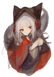 Rule 34 | 1girl, animal ears, arknights, beanie, black hat, blush, ears through headwear, fox ears, fox girl, fox tail, frostleaf (arknights), grey hair, hat, hemorina, highres, jacket, long hair, long sleeves, looking at viewer, material growth, off-shoulder shirt, off shoulder, one-hour drawing challenge, open clothes, open jacket, oripathy lesion (arknights), parted lips, red eyes, red jacket, scarf pull, shirt, simple background, solo, tail, upper body, white background