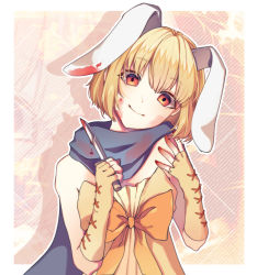Rule 34 | 1girl, animal ears, bare shoulders, blonde hair, blood, bloody weapon, border, bow, brown gloves, closed mouth, fingerless gloves, gloves, green scarf, hands up, head tilt, holding, holding knife, knife, looking at viewer, nail polish, orange bow, rabbit ears, red nails, scarf, short hair, smile, solo, utau, weapon, white border, yen-mi