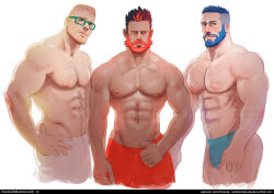 Rule 34 | 3boys, abs, arm hair, bara, beard, black eyes, black hair, blonde hair, blue hair, chest hair, closed mouth, creatures (company), cropped legs, dark-skinned male, dark skin, expressionless, facial hair, freckles, game freak, gen 7 pokemon, glasses, green-framed eyewear, hair slicked back, hand on own hip, hand under clothes, hand under shorts, humanization, large pectorals, litten, looking at viewer, love handles, male focus, mature male, multicolored hair, multiple boys, muscular, muscular male, navel, navel hair, nintendo, nipples, pectorals, pokemon, popplio, randombaradude, rectangular eyewear, red hair, rowlet, shorts, simple background, smile, spiked hair, streaked hair, topless male, undercut, underwear, underwear only, white background, yellow eyes