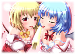 Rule 34 | 2girls, bare shoulders, blonde hair, blue hair, bow, bra, breasts, cleavage, clothes pull, closed eyes, female focus, flandre scarlet, food, medium breasts, multiple girls, neats, no headwear, no headwear, popsicle, red eyes, remilia scarlet, sexually suggestive, shirt pull, siblings, sisters, strap slip, tongue, tongue out, touhou, underwear, wings