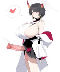 1girl absurdres black_hair blue_archive blush breasts commentary_request detached_sleeves earrings erection futanari halo heart highres hoop_earrings huge_breasts huge_penis japanese_clothes jewelry kimono korean_commentary large_testicles looking_at_viewer mole mole_under_eye niya_(blue_archive) penis short_hair simple_background smile solo spoken_heart standing testicles uncensored white_background white_kimono white_sleeves xipa yellow_eyes