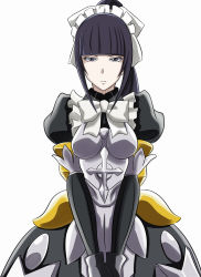 Rule 34 | 1girl, armor, armored dress, bad id, bad pixiv id, black eyes, black hair, cross, frown, high ponytail, highres, long hair, looking at viewer, maid, maid headdress, murabito sono2, narberal gamma, overlord (maruyama), simple background, solo, white background