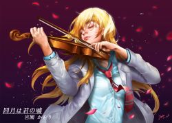 Rule 34 | 10s, 1girl, artist name, blazer, blonde hair, bow (music), breasts, character name, chinese text, closed eyes, closed mouth, commentary request, dated, highres, holding, instrument, jacket, kaneko xz, lips, long hair, medium breasts, miyazono kawori, music, necktie, nose, petals, playing instrument, red necktie, school uniform, shigatsu wa kimi no uso, solo, upper body, violin