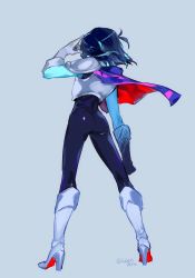 Rule 34 | 1boy, androgynous, armor, ass, back, blue background, blue hair, blue skin, boots, cape, colored skin, cowboy shot, deltarune, from behind, full body, gloves, high heels, highres, kris (deltarune), male focus, scarf, short hair, simple background, solo, standing, underairu, wallpaper