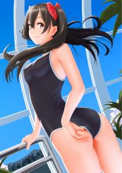 Rule 34 | 1girl, adjusting clothes, adjusting swimsuit, ass, black eyes, black hair, breasts, competition school swimsuit, cowboy shot, covered erect nipples, floating hair, hair ribbon, looking back, medium breasts, nanahime, one-piece swimsuit, original, revision, ribbon, school swimsuit, smile, solo, swimsuit, twintails, twisted torso, yellow eyes