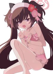 Rule 34 | 1girl, absurdres, bare arms, bare legs, bare shoulders, bikini, blue archive, blush, brown hair, collarbone, flat chest, flower, frilled bikini, frills, hagoonha, hair flower, hair ornament, halo, highres, long hair, looking at viewer, navel, official alternate costume, open mouth, pink bikini, pink flower, pink halo, purple eyes, red flower, shizuko (blue archive), shizuko (swimsuit) (blue archive), simple background, solo, swimsuit, twintails, white background