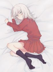 Rule 34 | 1girl, bed sheet, black socks, blue eyes, closed mouth, commentary, dress shirt, fetal position, from above, frown, girls und panzer, half-closed eyes, highres, itsumi erika, kuromorimine military uniform, long hair, long sleeves, looking at viewer, lying, military, military uniform, miniskirt, no jacket, on bed, on side, pleated skirt, red shirt, red skirt, shirt, silver hair, skirt, sleepy, socks, solo, tsumin, uniform