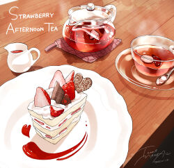 Rule 34 | cake, cake slice, chocolate, cup, food, food focus, fruit, glass saucer, glass teacup, glass teapot, highres, icing, no humans, original, plate, saucer, steam, strawberry, strawberry shortcake, table, tea, teacup, teapot, tomma mayuka, wooden table