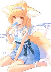 Rule 34 | 1girl, absurdres, alternate costume, animal ear fluff, animal ears, ankle ribbon, arknights, ascot, bare arms, bare shoulders, barefoot, blonde hair, blue hairband, blue skirt, blush, breasts, collarbone, commentary, food, food in mouth, fox ears, fox girl, fox tail, full body, hair ribbon, hairband, highres, holding, holding food, holding popsicle, kitsune, kyuubi, leg ribbon, looking at viewer, material growth, multiple tails, oripathy lesion (arknights), plaid, plaid skirt, pleated skirt, ponytail, popsicle, purple ascot, ribbon, shirt, sitting, skirt, sleeveless, sleeveless shirt, small breasts, solo, suzuiro (chocolatte), suzuran (arknights), tail, wariza, white ribbon, white shirt, wrist ribbon, yellow eyes