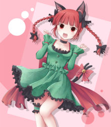 Rule 34 | 1girl, alternate costume, animal ears, bell, braid, cat ears, cat tail, dress, fang, frilled dress, frilled skirt, frills, green dress, highres, k-sk style, kaenbyou rin, long hair, long sleeves, multiple tails, nekomata, open mouth, red eyes, red hair, ribbon, simple background, skirt, tail, tail ornament, tail ribbon, touhou, twin braids