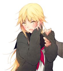Rule 34 | 1girl, alpha signature, alternate costume, arms up, black sailor collar, blonde hair, blush, cardigan, commentary request, ear blush, embarrassed, eyes visible through hair, fang, genderswap, genderswap (mtf), grey cardigan, hair between eyes, holding, holding another&#039;s arm, izumi kouhei, long hair, long sleeves, looking at viewer, open mouth, pepper fever, pink neckwear, sailor collar, school uniform, serafuku, sidelocks, signature, simple background, sleeves past wrists, solo, upper body, white background, world trigger, yellow eyes