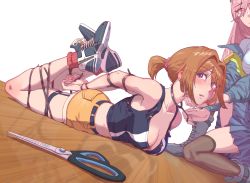 Rule 34 | 2girls, bdsm, blue footwear, bondage, bound, breasts, cable tie, commission, full body, girls&#039; frontline, grizzly mkv (girls&#039; frontline), grizzly mkv (weekend cop) (girls&#039; frontline), hair ornament, hair scrunchie, highres, lar grizzly win mag, leveen, medium breasts, multiple girls, official alternate costume, purple eyes, restrained, scissors, scrunchie, second-party source, short hair, short ponytail, short shorts, shorts, sig mcx (girls&#039; frontline), skindentation, tank top, thigh strap, v-shaped eyebrows, yellow shorts