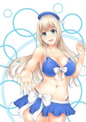 Rule 34 | 10s, 1girl, atago (kancolle), bad id, bad pixiv id, bikini, bikini skirt, blonde hair, blue eyes, breasts, cleavage, curvy, female focus, highres, kantai collection, kantai collection (anime), large breasts, long hair, looking at viewer, navel, open mouth, primamiya, simple background, smile, solo, swimsuit, thick thighs, thighs, wide hips