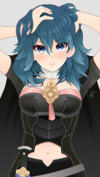 Rule 34 | 1girl, armor, arms up, blue eyes, blue hair, byleth (female) (fire emblem), byleth (fire emblem), cape, clothing cutout, dagger, fire emblem, fire emblem: three houses, hands in hair, highres, knife, louis lloyd-judson, medium hair, navel, navel cutout, nintendo, sheath, sheathed, simple background, solo, upper body, weapon
