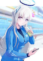 Rule 34 | 1girl, blue archive, blue shirt, bottle, collar, collarbone, dot nose, emphasis lines, halo, highres, holding, holding phone, holding water, light blue jacket, long hair, looking at viewer, noa (blue archive), noirfall, open mouth, phone, purple eyes, shirt, solo, stadium, sunlight, teeth, track suit, water bottle, white collar, white hair