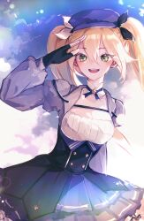Rule 34 | 1girl, absurdres, arms up, black gloves, blonde hair, blue ribbon, blue sky, blush, breasts, choker, cloud, cloudy sky, commentary, cowboy shot, day, detached collar, dokibird (vtuber), dress, fingerless gloves, gloves, green eyes, grey jacket, hair between eyes, hair ribbon, hat, highres, indie virtual youtuber, jacket, long hair, long sleeves, looking at viewer, medium breasts, newcie, open clothes, open jacket, open mouth, outdoors, ribbon, salute, sky, smile, solo, standing, star (symbol), star choker, very long hair, virtual youtuber