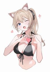 Rule 34 | 1girl, animal ear fluff, animal ears, bare arms, bare shoulders, bikini, black bikini, black ribbon, blonde hair, blue eyes, blush, breasts, cat ears, cat girl, cleavage, commentary, front-tie bikini top, front-tie top, hair ribbon, heart, heart hands, highres, looking at viewer, medium breasts, navel, one eye closed, open mouth, original, ponytail, ribbon, simple background, solo, soybean (hisoybean), swimsuit, symbol-only commentary, upper body, white background